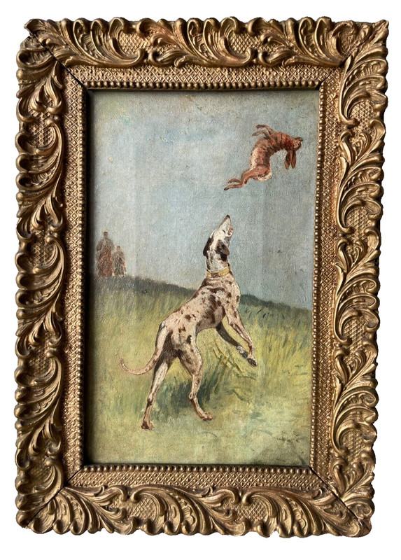 19th French Impressionism Oil Canvas Painting – Dog Hunting a Hare