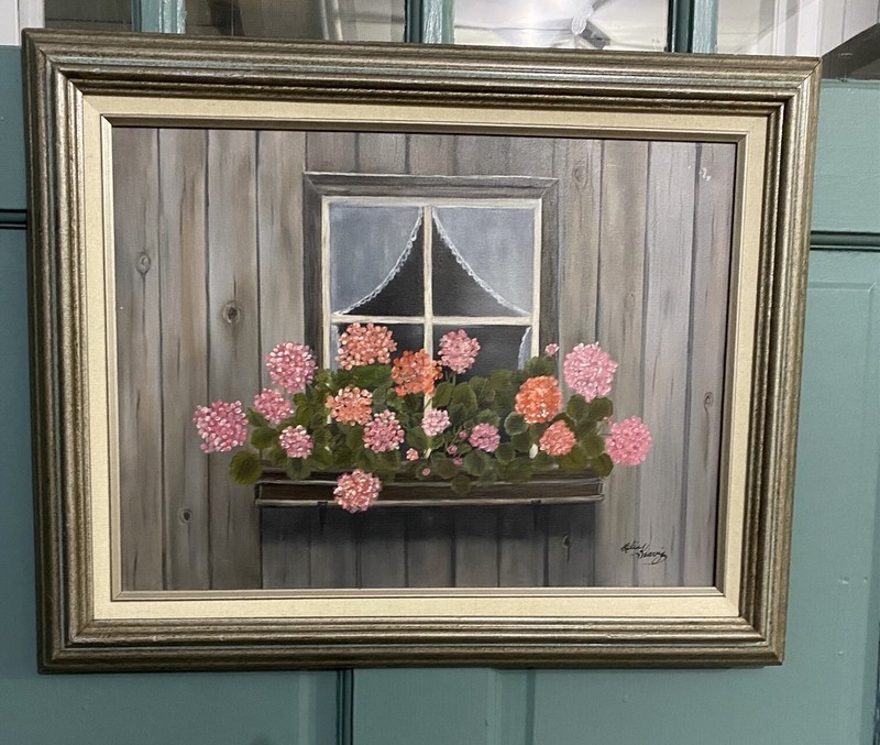 Framed Painting Window Box Flowers Barn Siding Geranium Signed Farmhouse