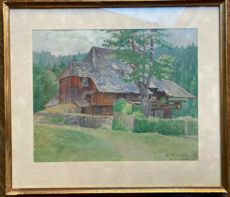 Aquarell Schwarzwaldhof Bauernhaus Around 1920 For Carl Cyth Signed Illegibly