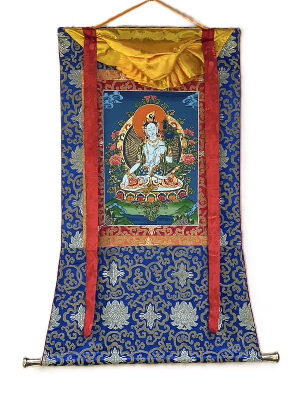 WHITE TARA MOTHER GODDESS ORIGINAL TIBETAN THANGKA PAINTING WITH SILK BROCADE