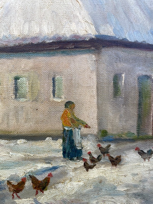 Impressionist Winter Day Farm Farmer Chickens Snow Oil Painting gallery