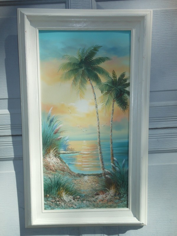 K Cummings Florida Sunset Painting Palm Trees Beach Sea Oats Seagulls 24" x 12" gallery