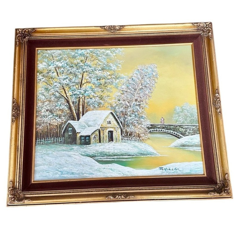 Vintage Signed Richard Schiller Countryside Winter Landscape Large Oil Painting