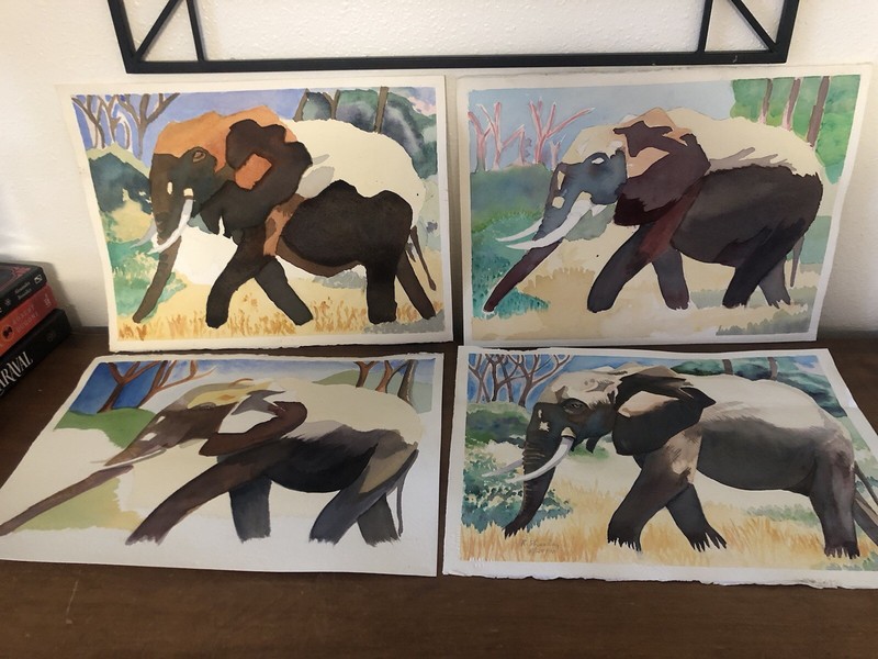 Lot Of Original Artwork Watercolor Elephants Finished And Unfinished