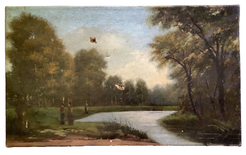 19th Century Circle Daubigny – Barbizon School Oil on Canvas Women by the River