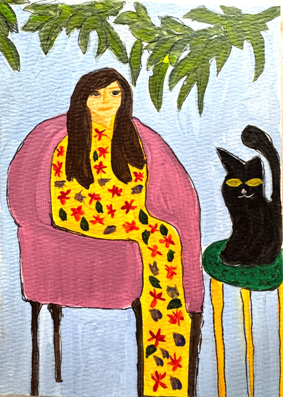 Original Painting, Abstract Woman, black cat, acrylic, 5×7,by Frances Funnch