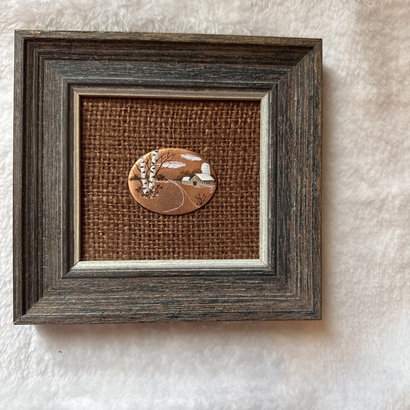 Miniature Birch Trees And Farm On Copper Framed Hand Painting Signed Unique