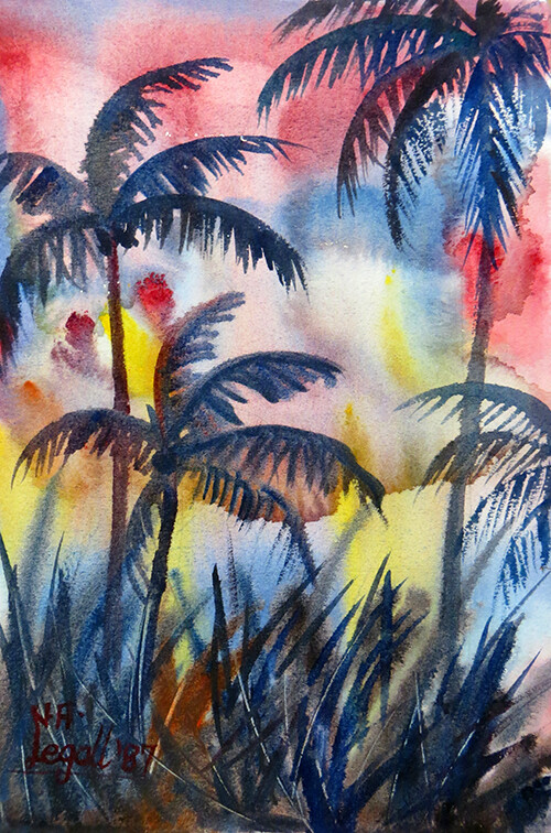 LEGALL NEVILLE LEGALL 1987 IMPRESSIONIST CARRIBEAN BARBADOS WATERCOLOR
