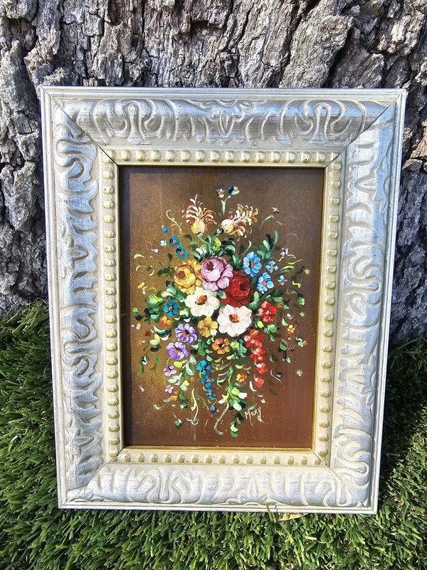 VTG OOAK Victorian Floral Miniature Mini Signed Oil Painting on Copper, 5″ by 7″