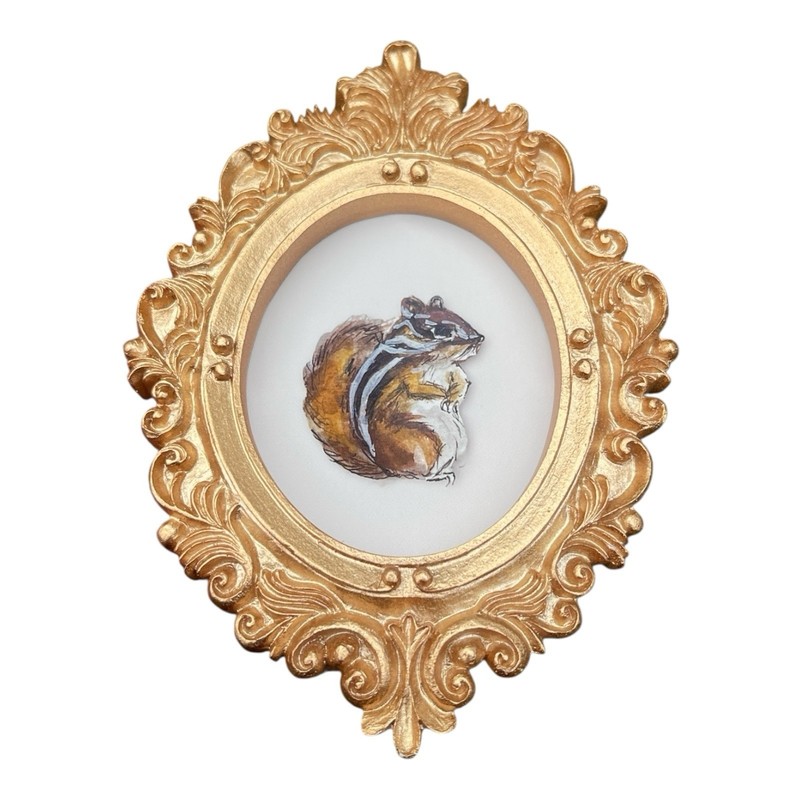 Chipmunk 🐿️watercolor print of painting in mini gold vintage style ornate frame gallery