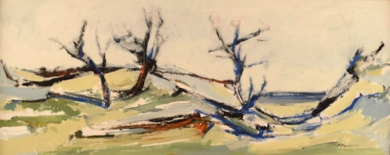 Torgny Forsberg (1920-1992), Swedish painter. Oil on board. Modernist landscape.