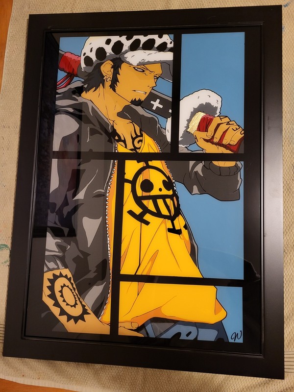 20x28in Hand Made Framed Glass Painting: Trafalgar Law, One Piece