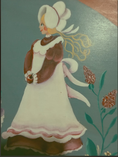 Signed P McSween Folk Art Tole Painting 3 Girls Bonnets 18x9 Wood Plaque gallery