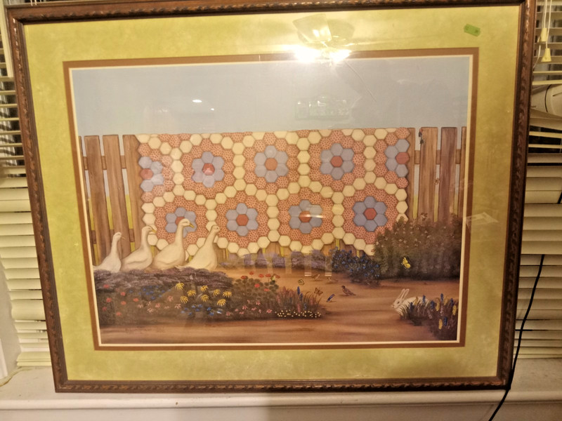 Huge Vintage Modern BETH CUMMINGS QUILT FENCE DUCKS RABBIT FRAMED PICTURE