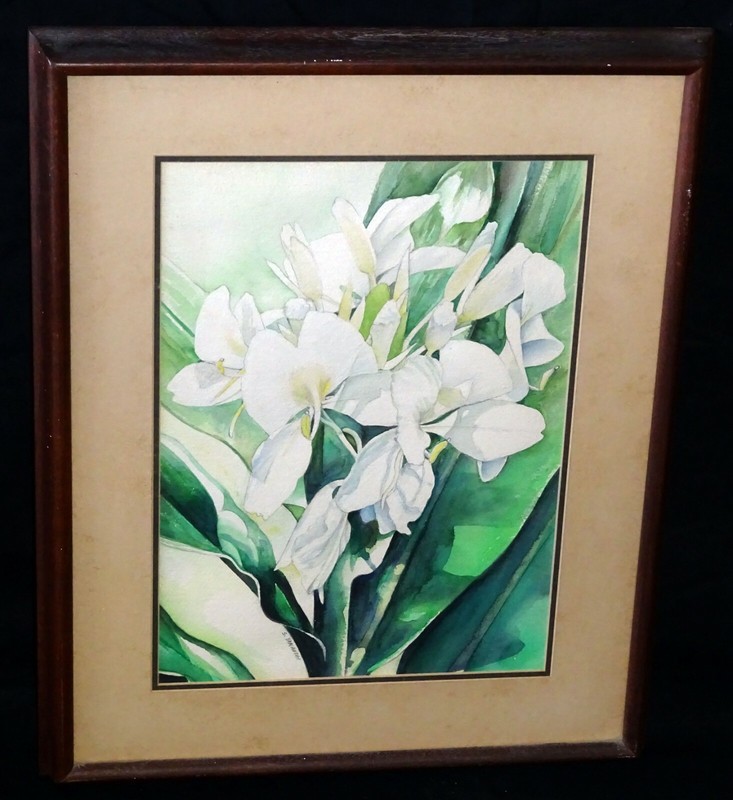 1970s Hawaii Koa Framed WC Painting «Ginger Flowers» by S. Yamauchi (StP)