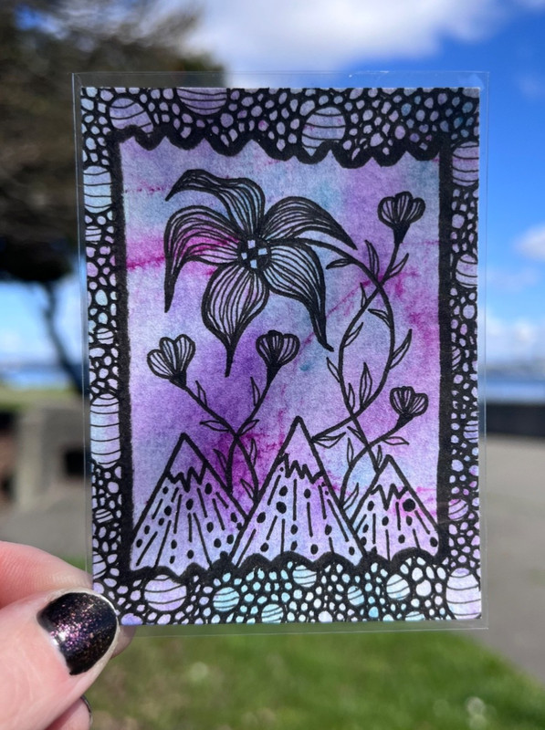 ACEO Original Art Card Mixed Media Ink & Watercolor Botanical Mountains Drawing