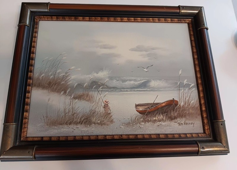 Vintage Framed Certified Authentic Signed Oil Painting Beach Sea Boat Ted Kelley gallery
