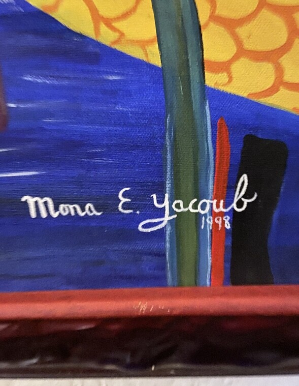 Tropical Fish Oil Painting Bandit Tiki Warrior Carnival Signed Yacoub'98 Vintage gallery