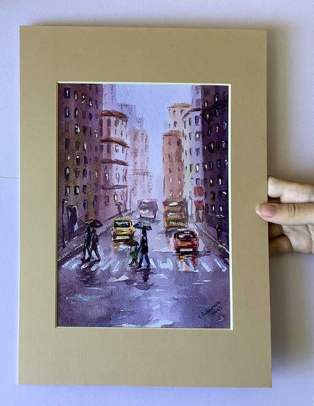 watercolor paintings original landscapes Rain urban landscape in Passepartout