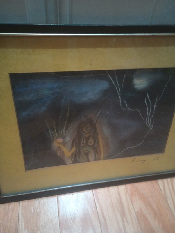 1989 Signed H Craig Pastel/Gouache Wood Framed Witch/ Halloween Painting…