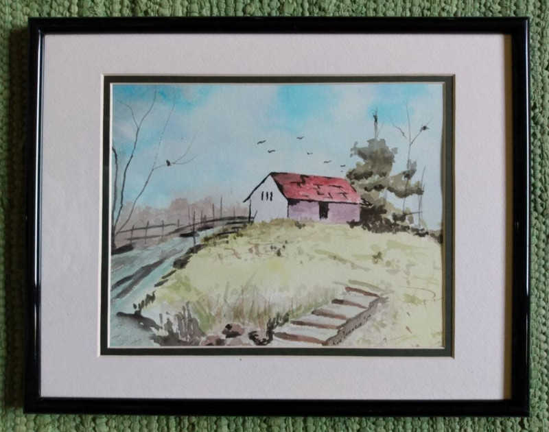 Original Water Color Home Barn Trees Birds Signed