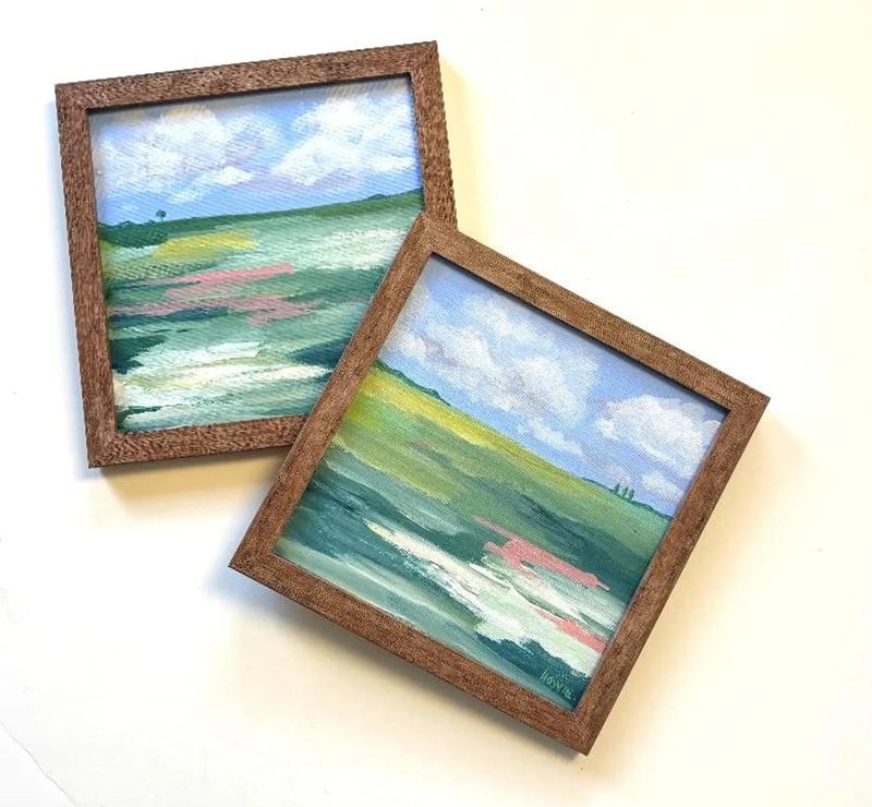 2 Framed Original Acrylic Paintings, Landscapes, Impressionist, 9″ x 9″, OOAK