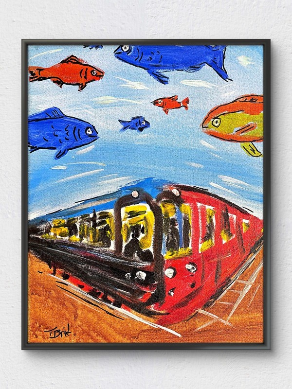 Original 11×14 Surreal Subway Train Fish Fantasy City Painting
