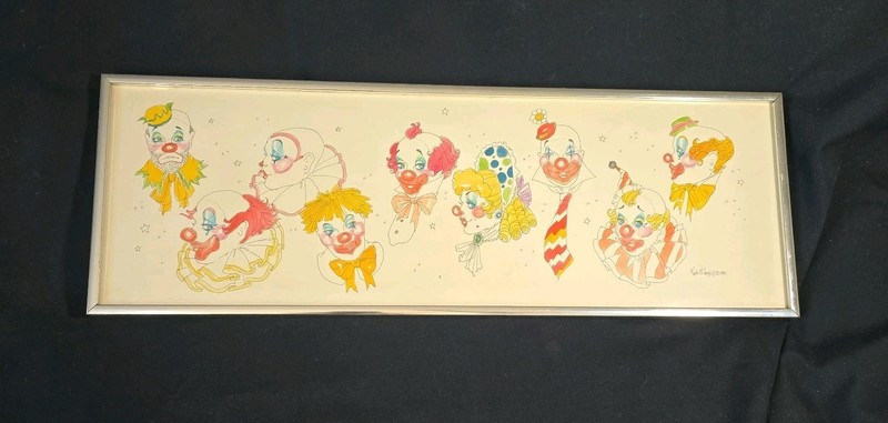 VTG SIGNED RICK ST. DENNIS 1981 ORIGINAL PENCIL ON PAPER PAINTING CLOWNS FRAMED