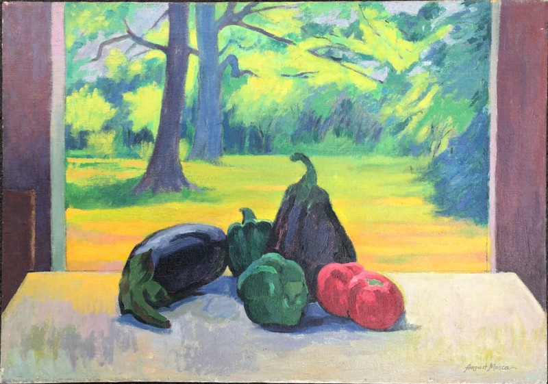 Eggplant & Pepper Still Life in Landscape Oil Painting-1960s-August Mosca