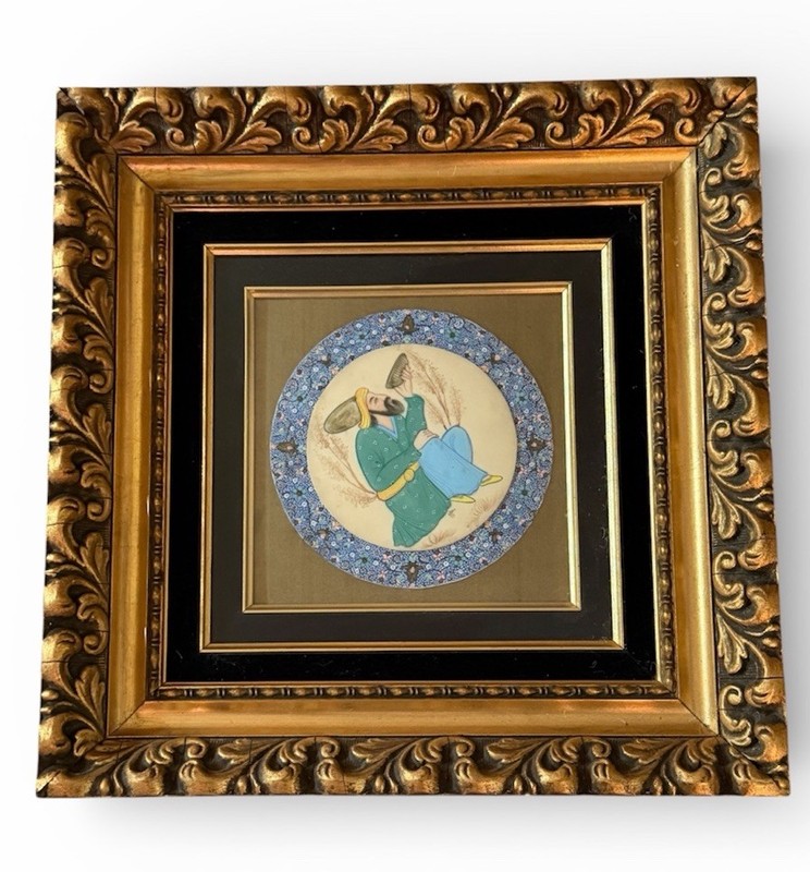 Hand Painted Signed Persian Miniature Musician Painting Ornate Frame 15”W gallery