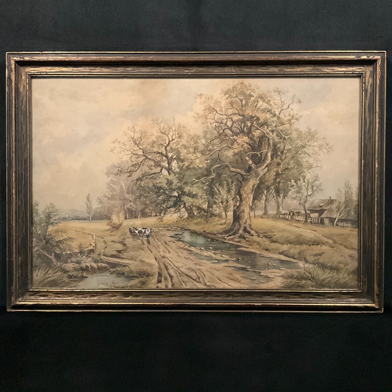 Antique Early 20th C. Original Landscape Watercolor on Paper «Countryside Scene»