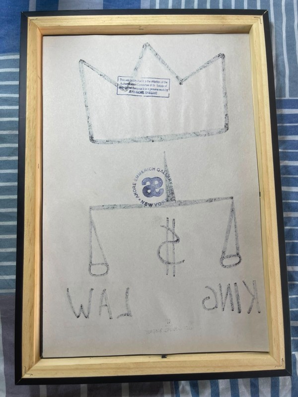 BASQUIAT drawing framed on sealed and signed wood gallery