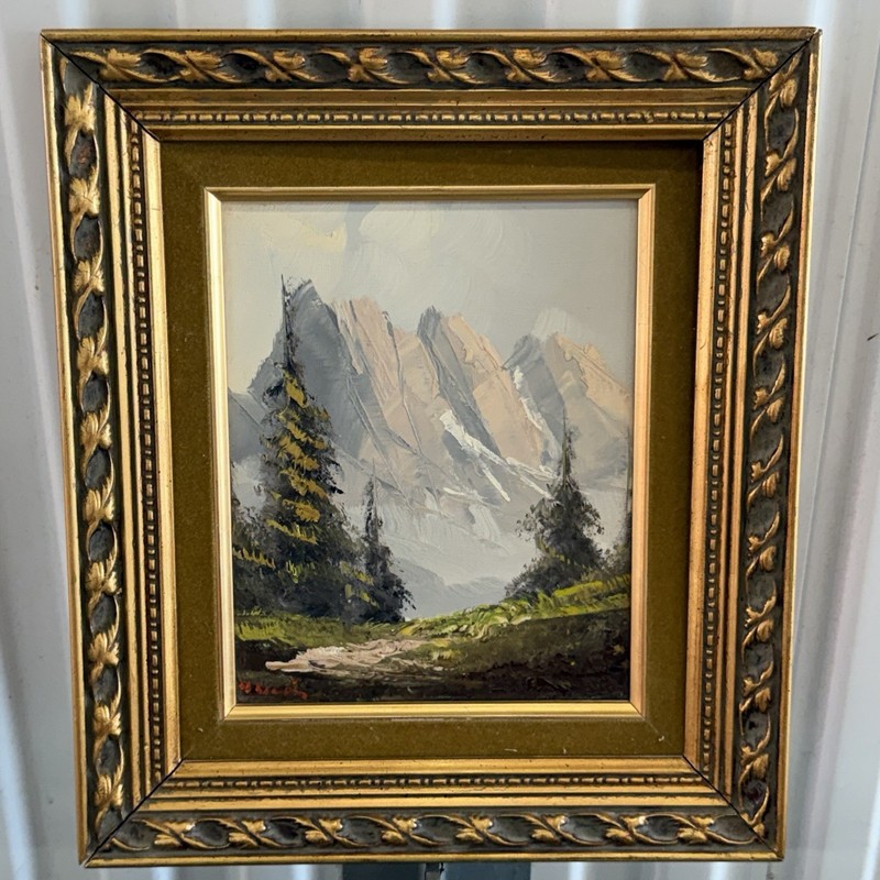 Vintage Oil Painting Alpine Mountain Landscape Signed Gilt Frame Wall Art Decor
