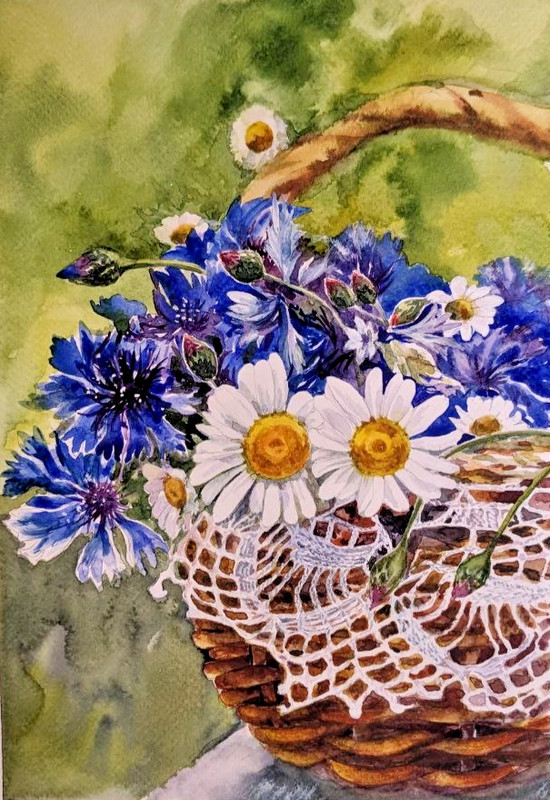 Floral Still Life Watercolor Painting Basket with Daisies and Cornflowers Art A4