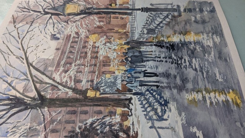 Urban Winter Evening City Watercolor Painting Snowy Road Street Lights A4 Art gallery