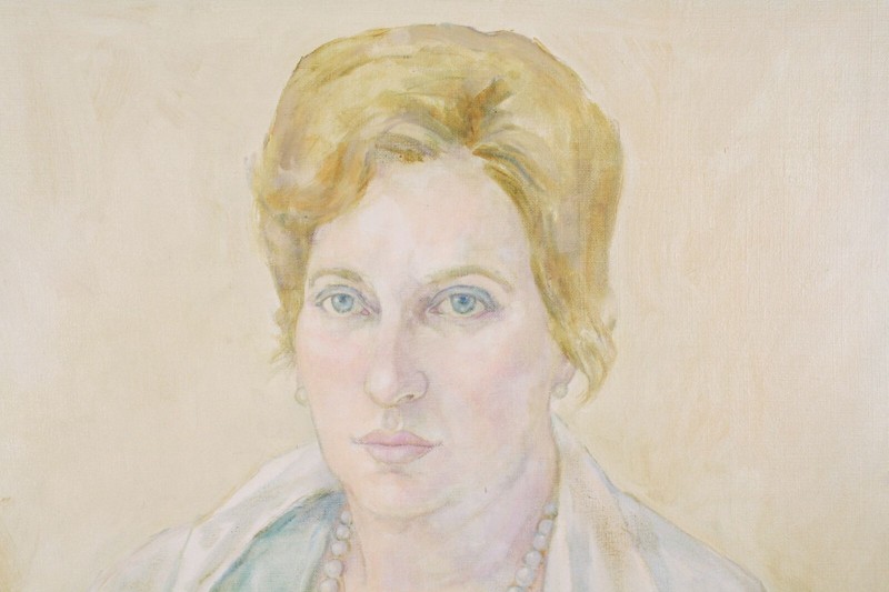 Vintage Female Portrait Woman With Fan Oil Painting Signed R. Madwed 77 gallery