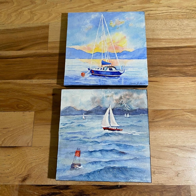 Lot of 2 Watercolor Seascape Sailboats Artwork SIGNED Denise Jackson 8″