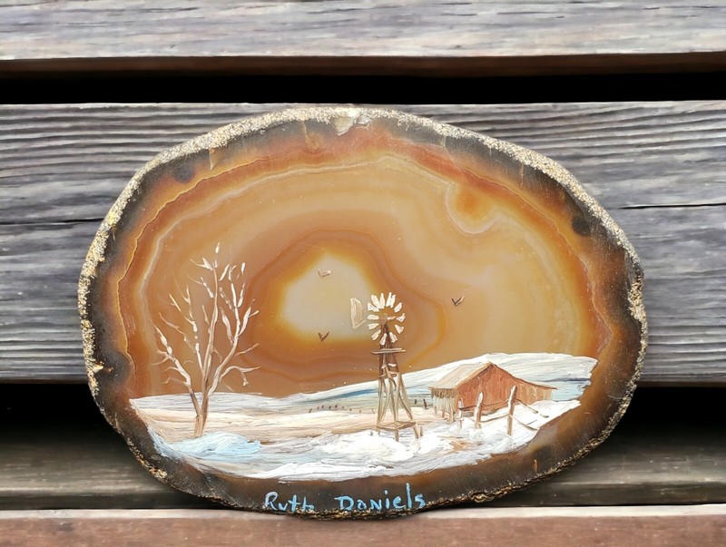 Snowy Farmhouse Scene Hand Painted on Brown Agate Geode Slab by Ruth Daniels