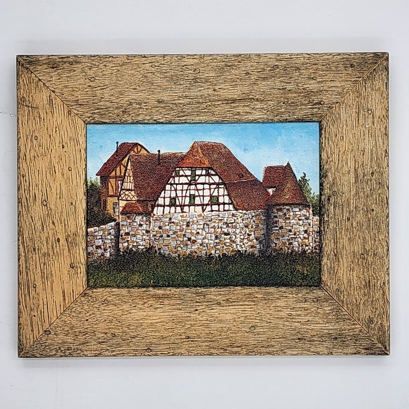 Original German Oil Painting Village Landscape Farmhouse Timber Frame Stone Wall