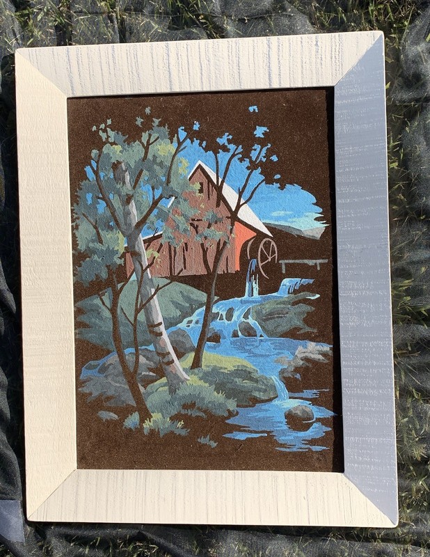 Vintage VELVET Red Barn & Grist Mill Paint By Numbers Framed ,17×13”, 1975