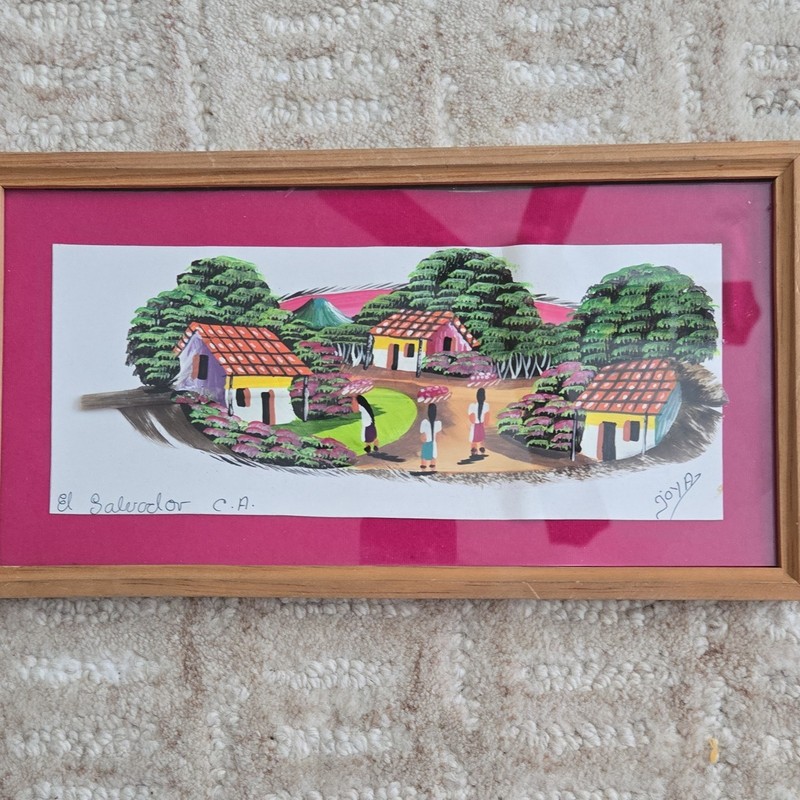 Signed Joya «El Salvador C.A.» 2012 Folk Art Village Landscape on a FEATHER.