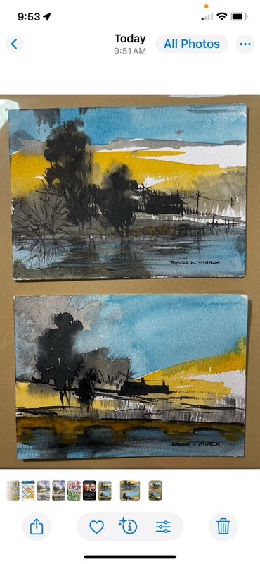 Two Original Pamela Wilhelm 3.5”x5” Watercolor Duo Nocturne Aqua Yellow-Orange