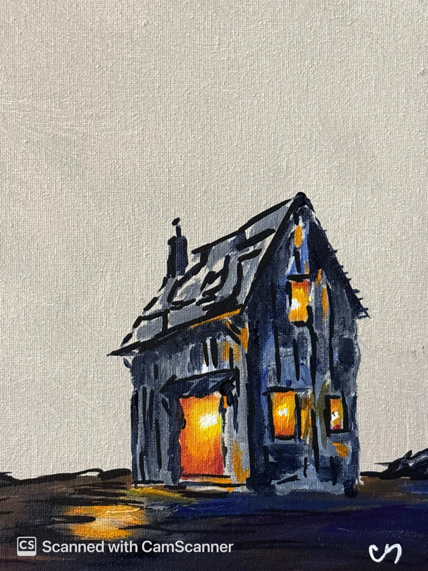 Rustic Cottage Glowing at Night Original Acrylic Painting 11x14 Signed Canvas gallery