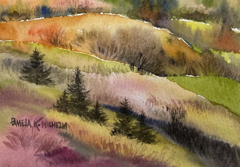 Pamela Wilhelm original 5”x7” Whimsical Landscape Watercolor Birds Eye View gallery