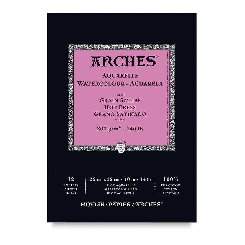 FOUR Arches Watercolor Pad - 10" x 14", 140 lb, Hot Press, Fold-over, 12 Sheets