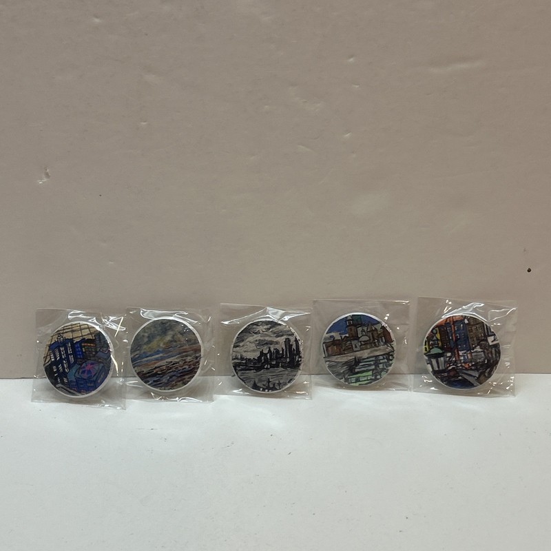 5 Original Hand Painting Museum Styles City Scape Pin Buttons 1.25″. # 9