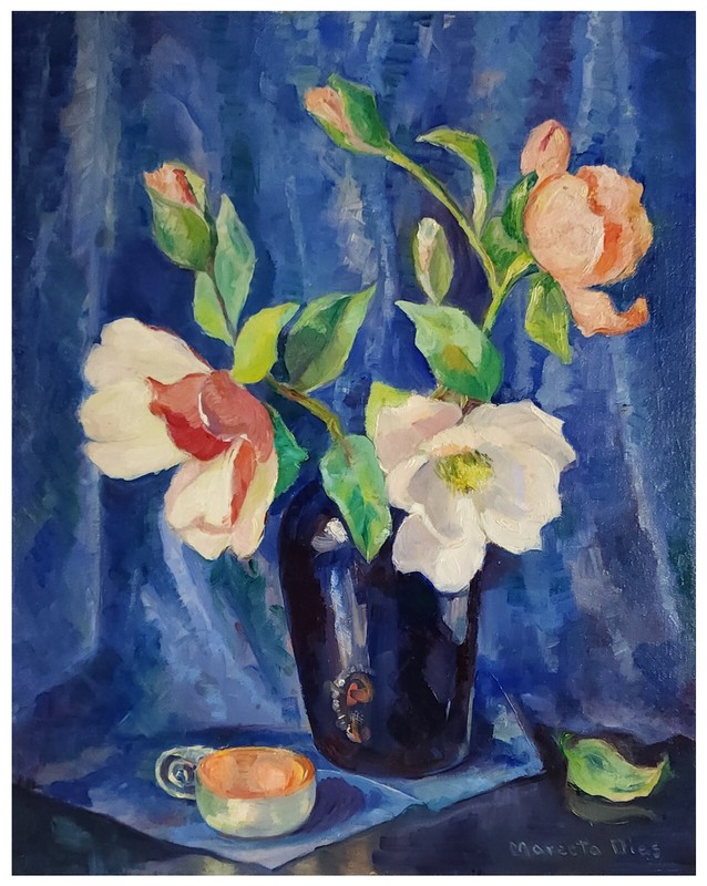 Signed Original Circa 1950s Floral Still Life Oil Painting Titled «Magnolias»