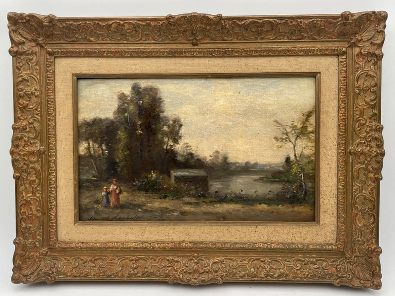 19th Barbizon School French Animated Landscape Women by the River Oil Canvas