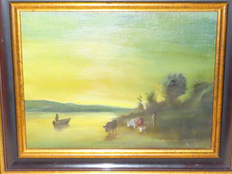 Oil Painting Signed Landscape With Lake And Cows On Panel, Contemporary Art gallery