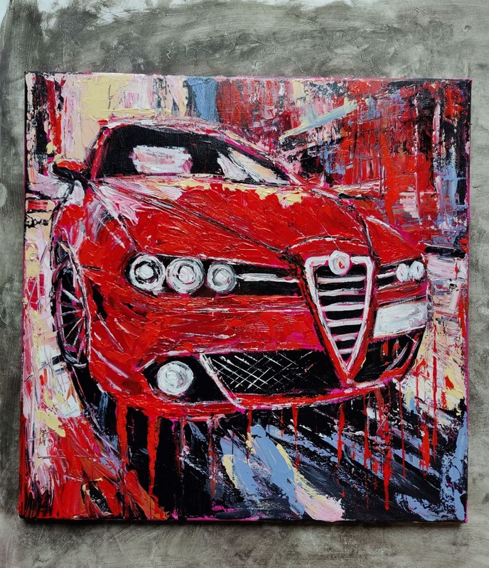 Original Alfa Romeo Acrylic Painting 50×50 cm | Red Sports Car Impasto Art
